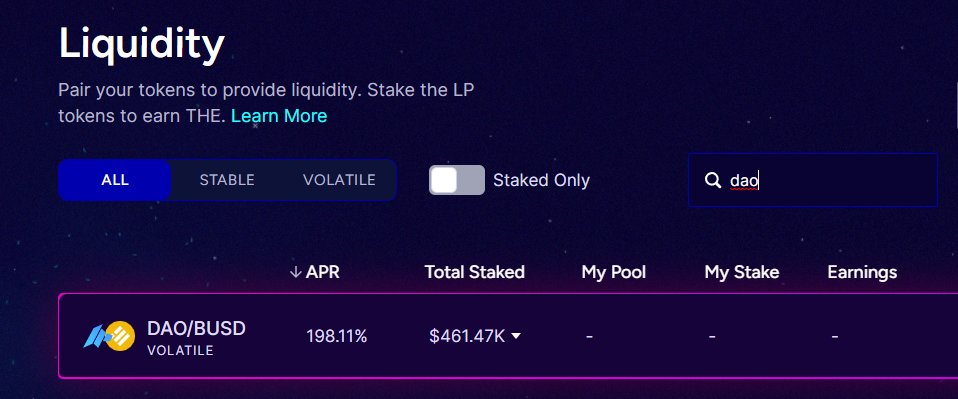 daomaker's tweet photo. 👨‍🌾DAO Token Liquidity Farming Live on @ThenaFi_ 

You can now farm Thena's native token with $DAO-BUSD liquidity. High yield at 198.11%%+ right now.

1/ https://t.co/HFcx0z0kvF