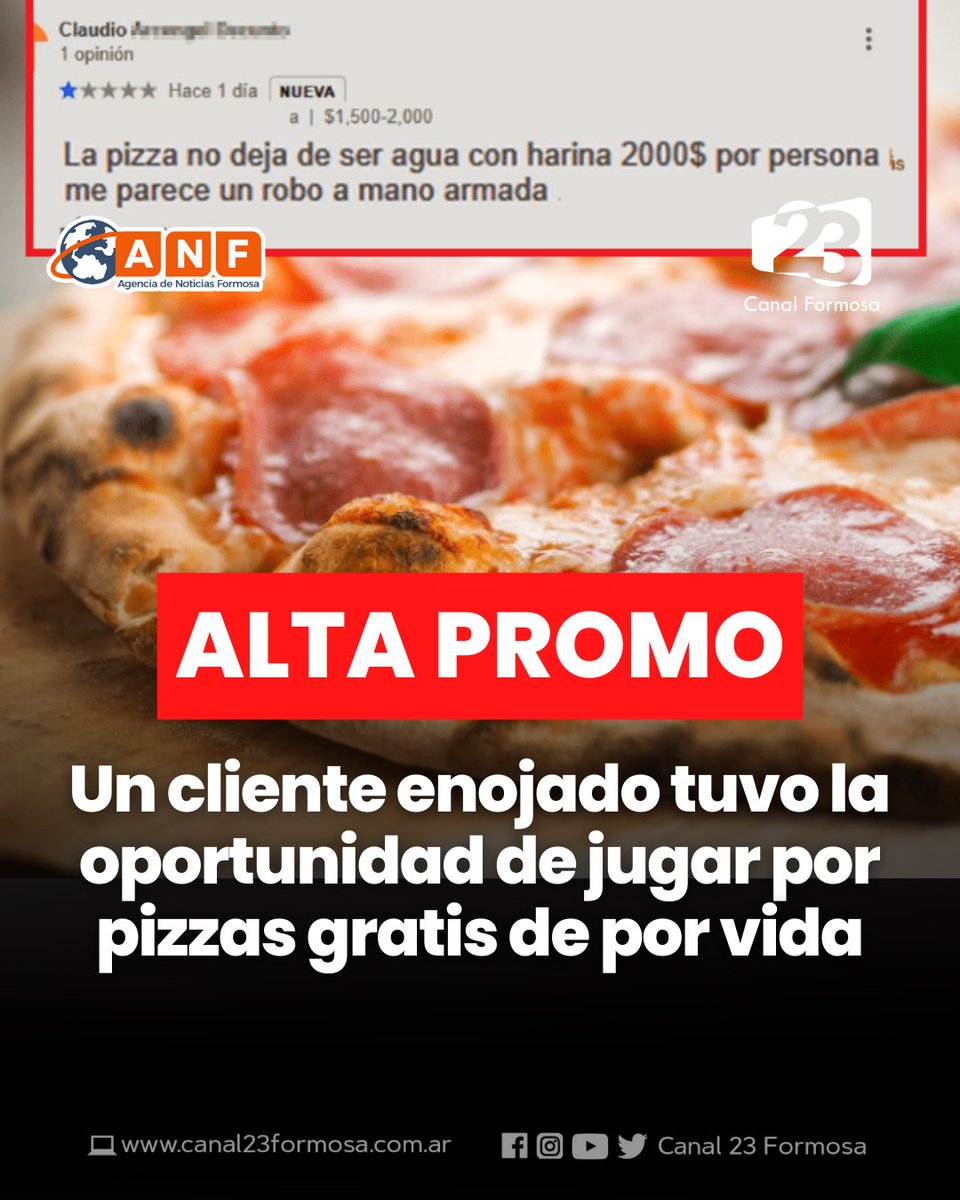 canalformosa's tweet photo. 🍕SE QUEJÓ POR EL PRECIO DE LA PIZZA Y LO DESAFIARON A CAMBIO DE COMIDA DE POR VIDA
👉 Busca la nota completa en nuestra web 📲
#viral #pizza #rosario #argentina #pizzagratis #aguayharina #altapromo https://t.co/dGboZr7EDu