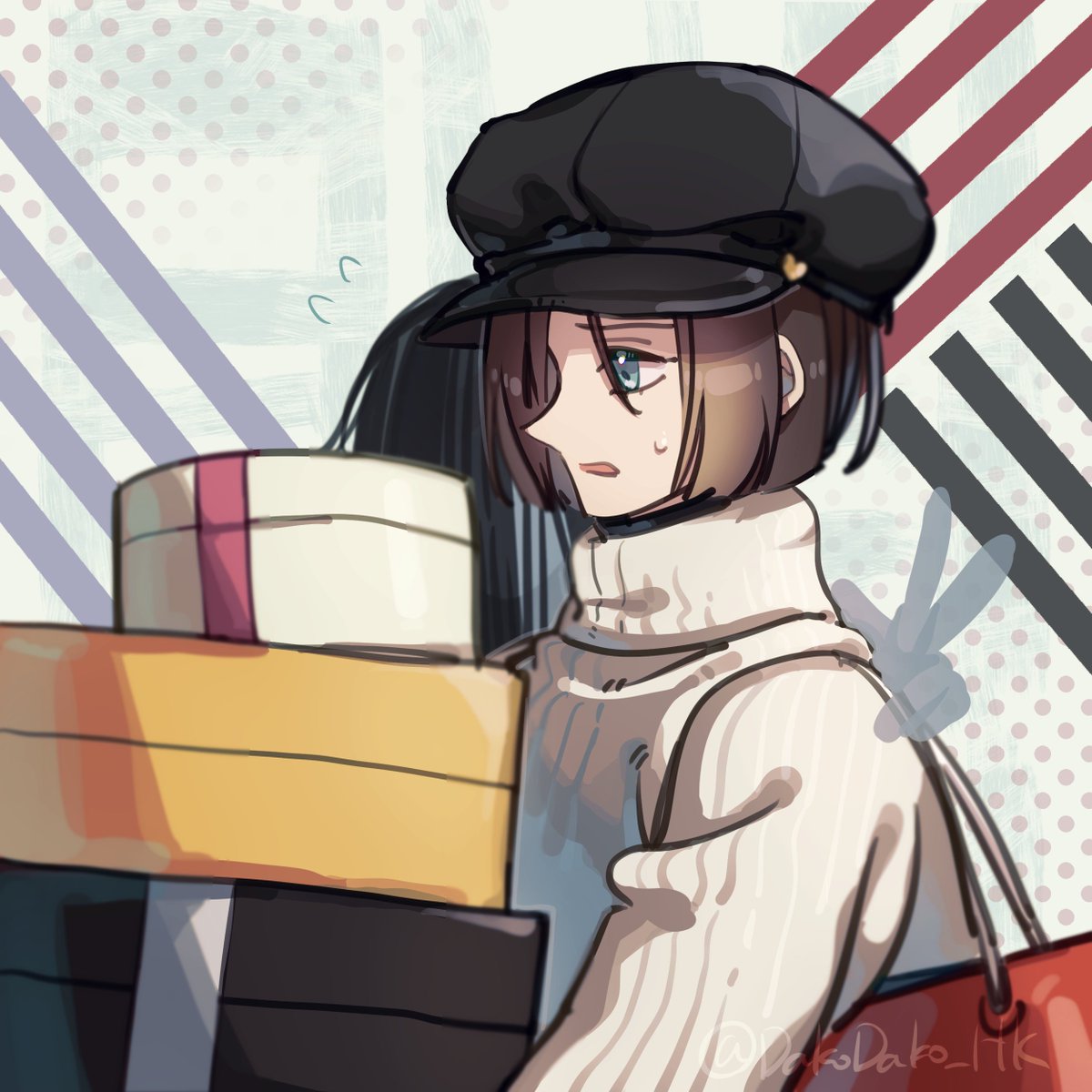 brown hair hat box short hair 1girl sweater blue eyes  illustration images