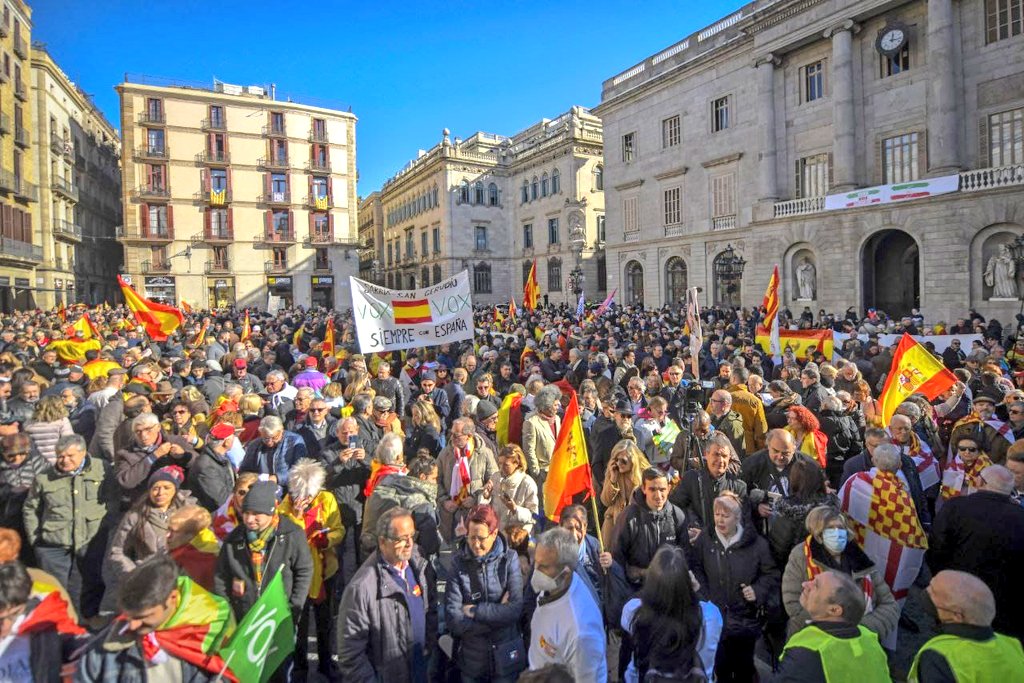 vox_es's tweet photo. VOX junto a los catalanes que se han manifestado hoy en Barcelona.

Los españoles están hartos de un Gobierno que da la espalda a los ciudadanos y da la mano a golpistas, filoetarras y corruptos. https://t.co/LKUVlxjuUe