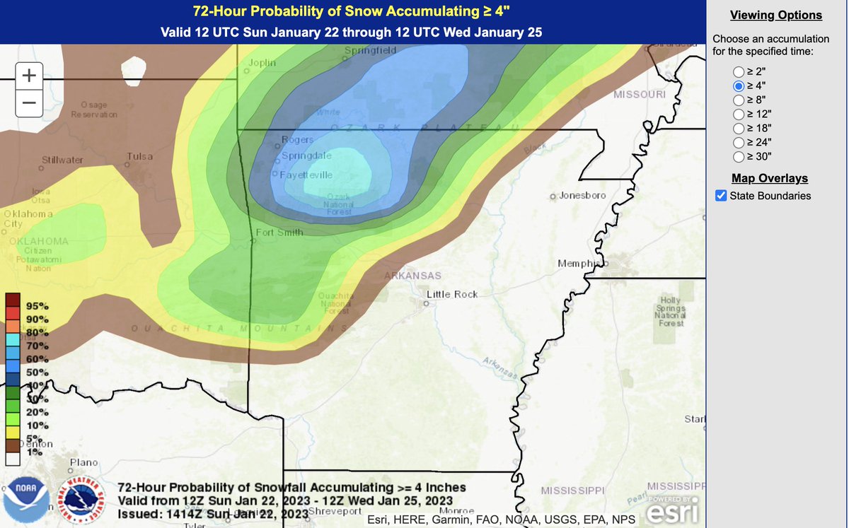 ToddYakoubian's tweet photo. Chance for at least 4'' of snow greatest NW mountains. 

Central Arkansas will be within a sharp snowfall gradient which makes it a difficult forecast.  Experience tells me western Pulaski county gets some accumulation, but further into the metro, it decreases rapidly. #ARWX https://t.co/ZoGsLlPozh