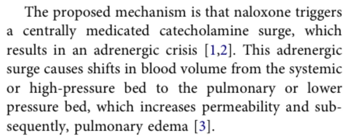 toroalejandr's tweet photo. @BrownHospMed @EMGuideWire @LITFLblog Naloxone-induced noncardiogenic pulmonary edema: rare but reported entity that can occur following naloxone use in the reversal of opioid overdose. Appears to be more common when higher doses of naloxone are used. Catecholamine surge → adrenergic crisis → shift in volume → NPE https://t.co/6QvtqEf0zg