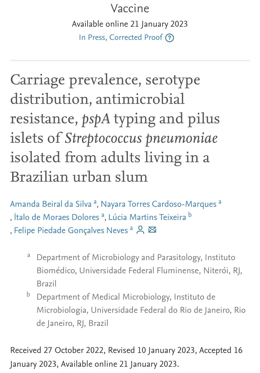 fpgneves's tweet image. Nosso artigo recém-publicado (doi: doi.org/10.1016/j.vacc…) na revista Vaccine sobre colonização por Streptococcus pneumoniae em adultos moradores de uma favela urbana authors.elsevier.com/a/1gStq,60n7o8…