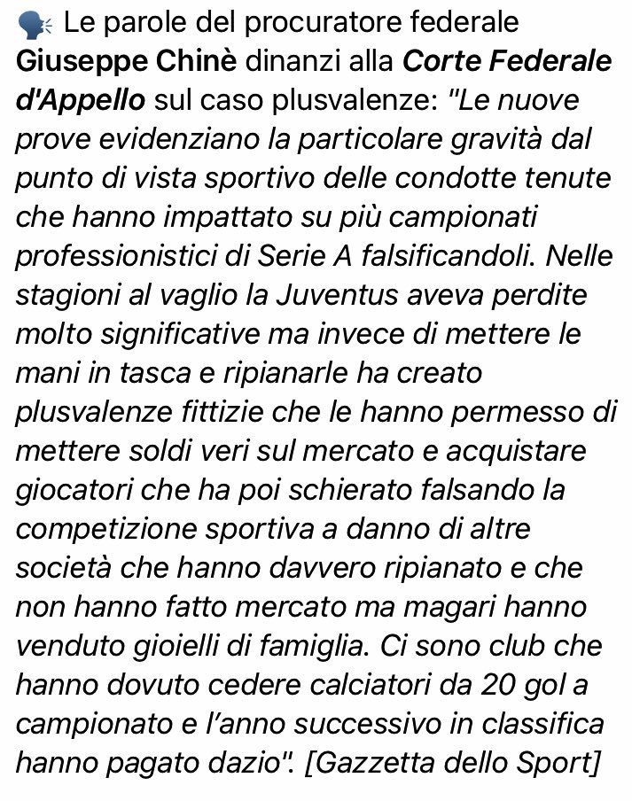 Non commenterò la sentenza finché non avrò letto le motivazioni, ma dire che "generare plusvalenze fittizie ti consente di mettere soldi veri sul mercato e acquistare giocatori" è come dire che coi soldi del monopoli puoi andare a fare la spesa. Dev'esserci un limite alle cazzate