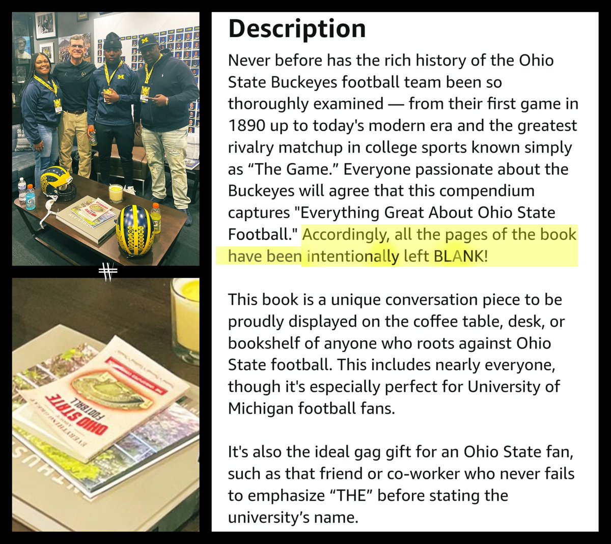 TWH_Chris's tweet photo. Jim Harbaugh hosting 2025 recruit Mantrez Walker and I noticed a  book on his table - "Everything Great About Ohio State".

After looking it up online, turns out the book contains 100 blank pages.🤣

#GoBlue https://t.co/ep4BldRZnk