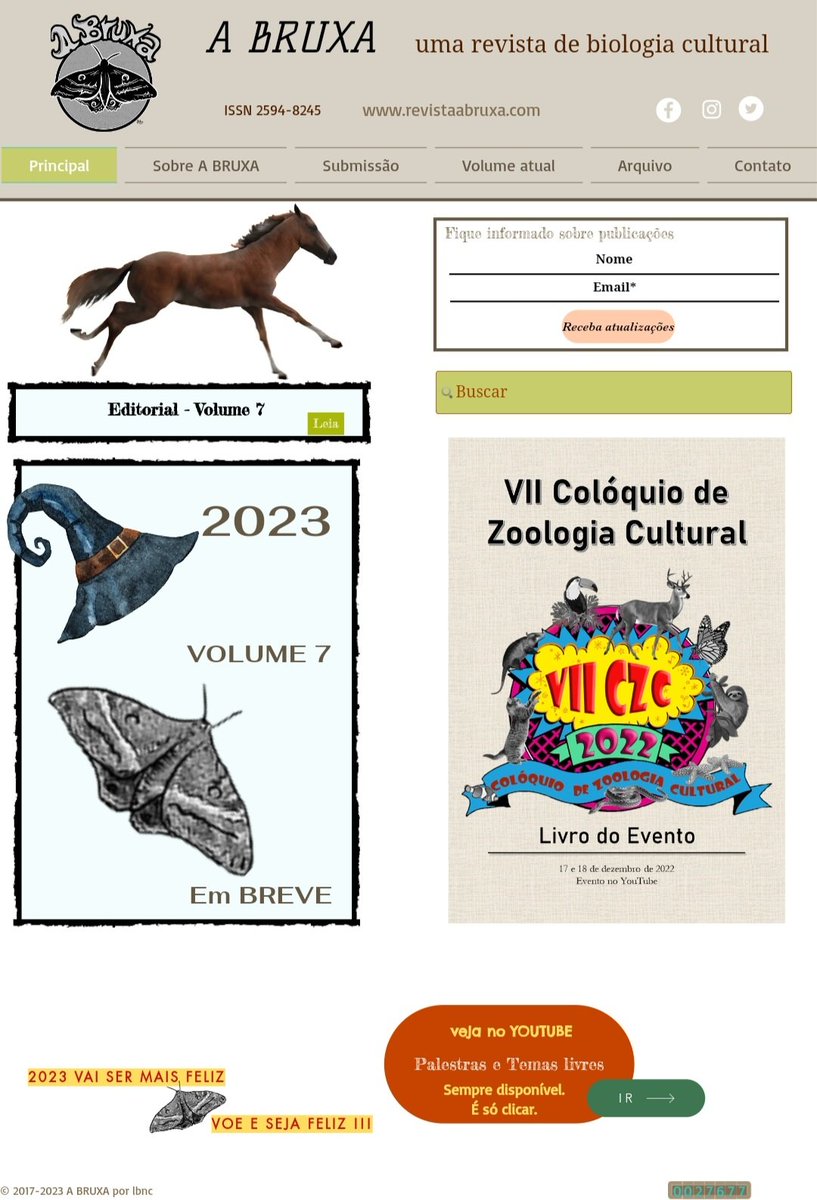 RevistaABruxa's tweet photo. Editorial 2023 de "A Bruxa" no ar. Em defesa do cavalo.
Ainda hoje: novas regras, equipe e primeiros artigos do volume 7.
Em https://t.co/QOi0PeWTez.
#revistaabruxa #biologiacultural #zoologiacultural #botanicacultural #fungacultural #paleontologiacultural #venhavoarcomabruxa https://t.co/BRZbrYrQDP