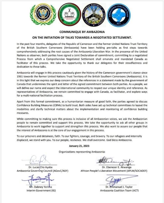 MarcChebs's tweet photo. Statement from #movements representing the Former United Nations Trust Territory of the British Southern Cameroons #Ambazonia on the #PeaceProcess facilited by #Canada Let Justice &amp; Peace reign  @CanadaUN @CanadaCameroon
@CanadaFP @Canadiansforpe1
@CanadaUN @TeamAmbazonia Lets go https://t.co/mCccMovHCX