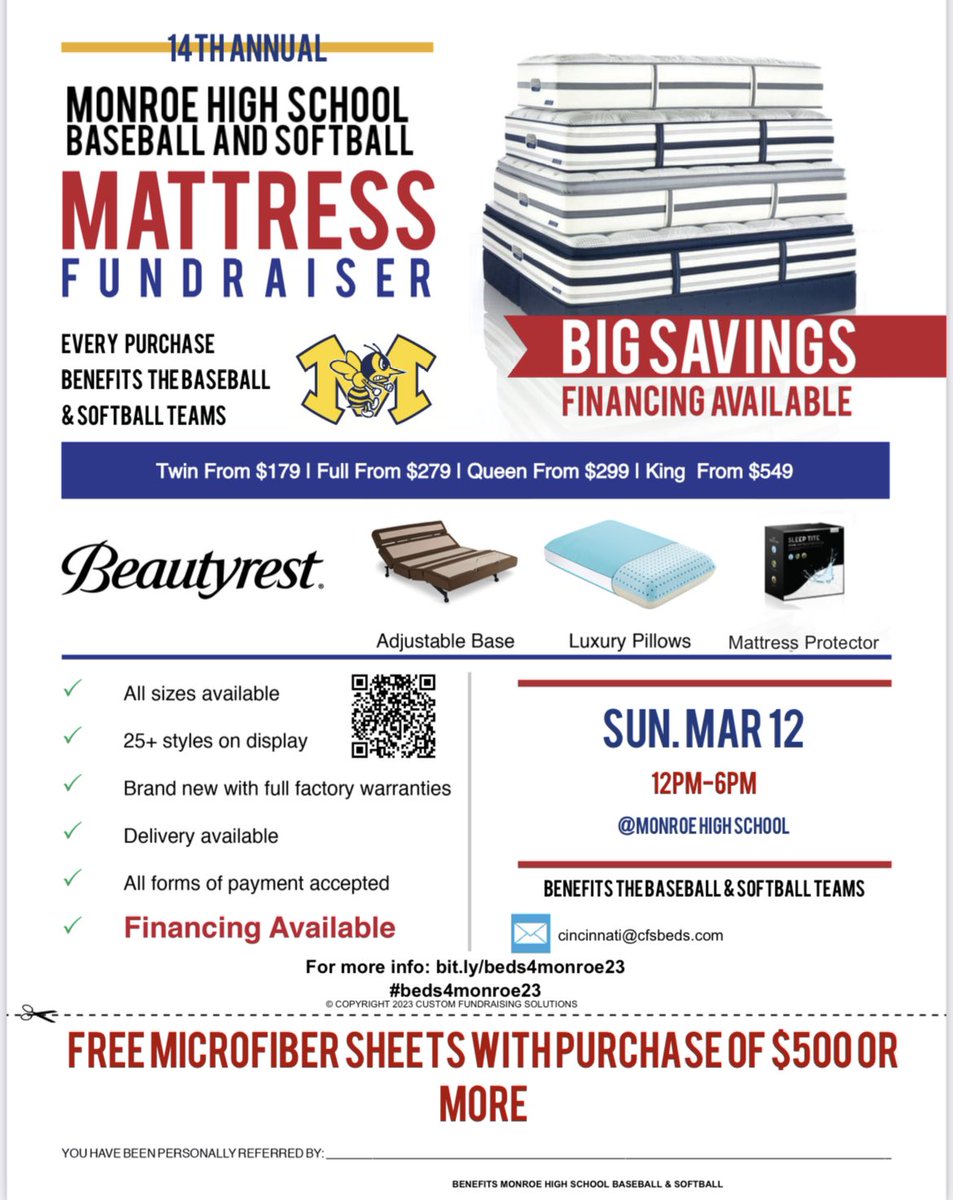 Our Monroe HS Baseball and Softball 14th Annual Mattress Sale is scheduled for Sunday, March 12th. 

Please retweet, like, share or print and post the attached flyer to help support our programs. Our sales goal is high, so please help us promote! @HornetsInGame