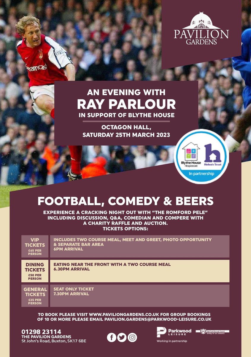 A night of football, comedy and beers! To raise money for <a href="/BlytheHouseHosp/">Blythe House Hospice</a> 

The outstanding speaker that is Ray Parlour, comedian and compere. Saturday 25th March #arsenal #buxton #rayparlour #blythehouse