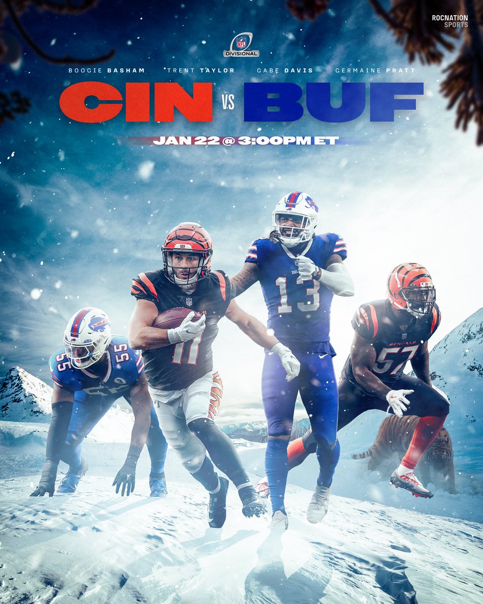 RocNationSports's tweet photo. GAMEDAY: BENGALS 🆚 BILLS
#CINvsBUF | #NFLPlayoffs

@Trent5Taylor | @GermainePratt7 | #RuleTheJungle
@Almighty_Basham | @gabedavis13_ | #BillsMafia https://t.co/TOkdPCPOIu
