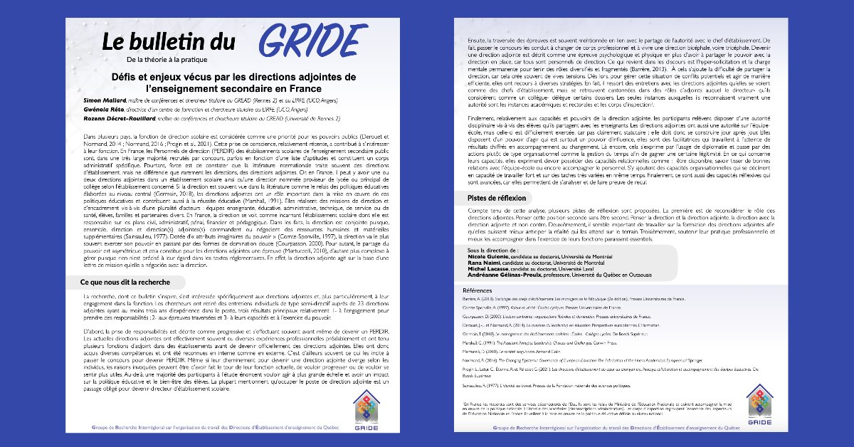 Le plus récent bulletin du GRIDE : Mallard, S., Réto, G. et Décret-Rouillard, R. (2023). Défis et enjeux vécus par les directions adjointes de l’enseignement secondaire en France. Le bulletin du GRIDE : De la théorie à la pratique, 4(3). gride-qc.ca/wp-content/upl…