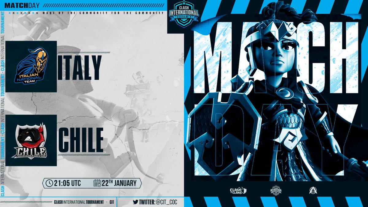 <a href="/CIT_COC/">CLASH INTERNATIONAL TOURNAMENT</a> S3

Pronti al secondo turno del gruppo A! Dopo aver domato il CostaRica siamo pronti a sfidare il <a href="/Team_ChileCoc/">Team Chile</a> 🇨🇱 in battaglia!

<a href="/Medda_87/">Medda87</a> twitch.tv/medda87
<a href="/KingLoDo3/">King_LoDo</a> twitch.tv/king_lodo e <a href="/Haplo_80/">Haplo80</a> twitch.tv/haplo_80 in live dalle 22