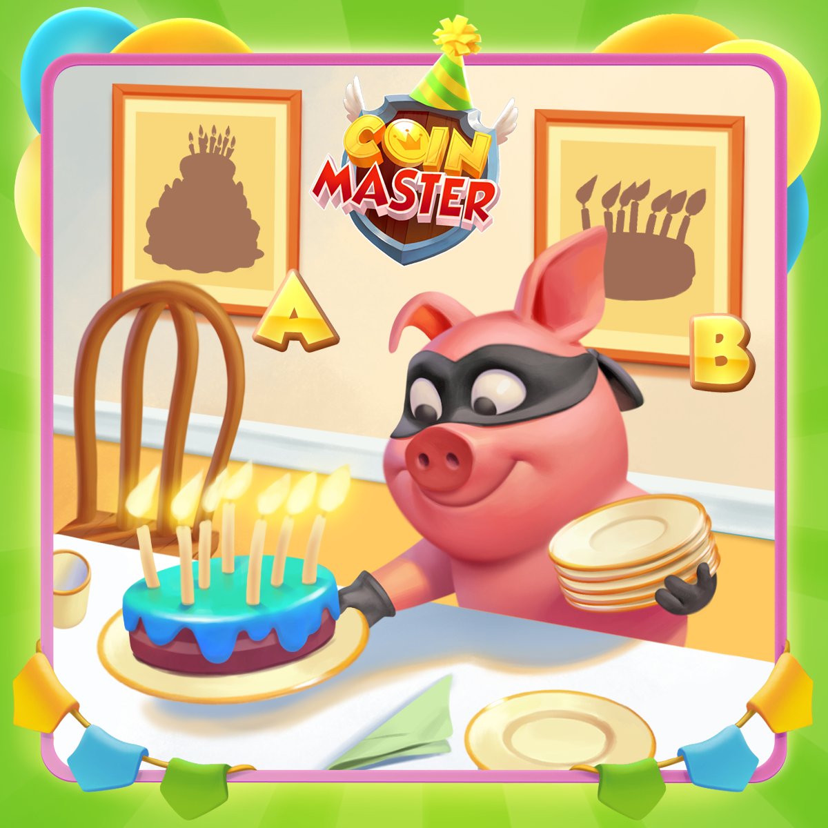 CoinMasterGame's tweet photo. We're ready to cake your day with 𝟏,𝟎𝟎𝟎 𝐒𝐏𝐈𝐍𝐒! 🎉 Just tell us 𝘸𝘩𝘪𝘤𝘩 𝘱𝘪𝘤𝘵𝘶𝘳𝘦 𝘰𝘯 𝘵𝘩𝘦 𝘸𝘢𝘭𝘭 matches Piggy's cake for your chance to win! 🎂 #Birthday  

Have your cake and PLAY NOW! ��👉 https://t.co/dwBWQn3g43 https://t.co/EEPZWZvzfU