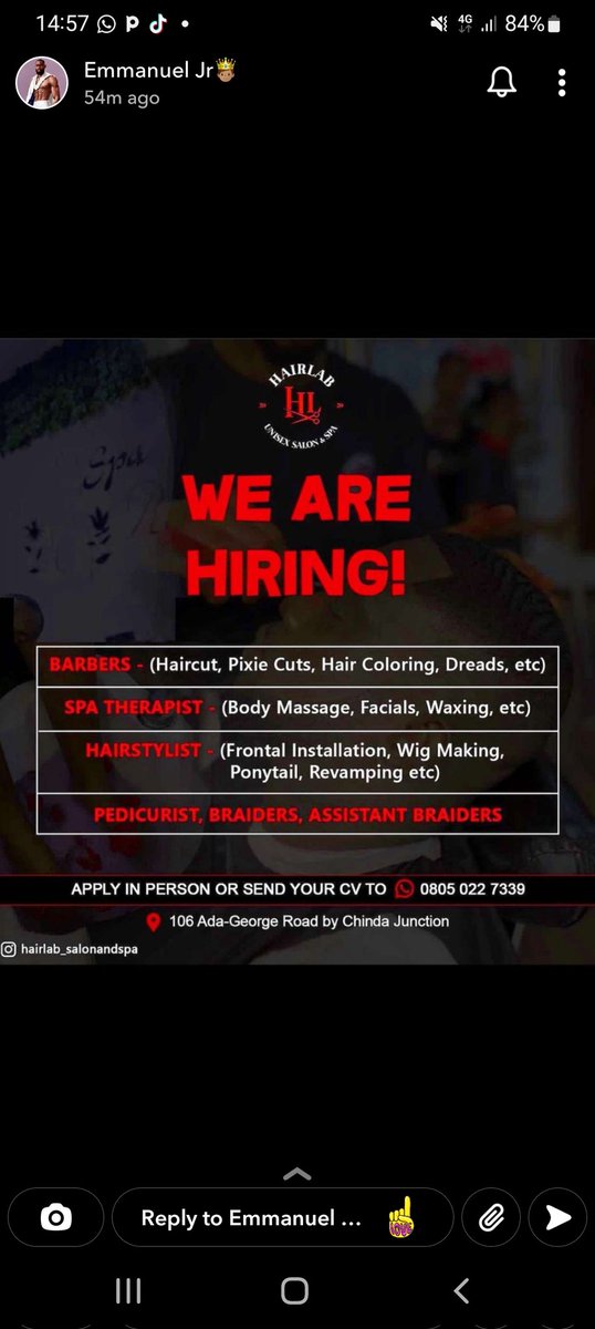 IrenePh84500900's tweet photo. @HairLabSpaSalon #bodylab
Our Ceo hiring
Please go and apply, no matter who you're.
#emmanuelumoh https://t.co/jKA8ReALcp