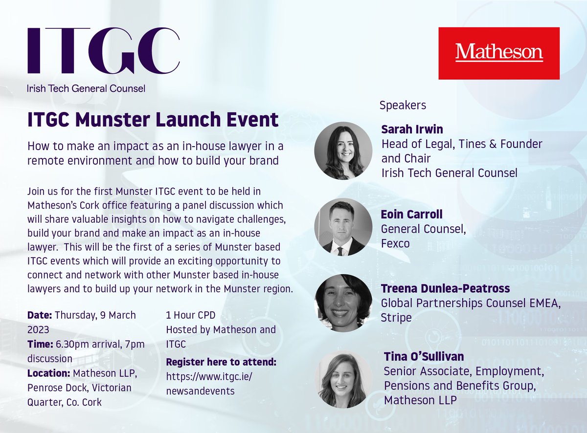We are expanding!! 🌎 Join us in Cork on 9 March for our Munster launch party, we would love to meet as many in-house legal professionals based in the area as possible! Link in bio to register #irishtechgc #expansion #munster #community #communitybuilding