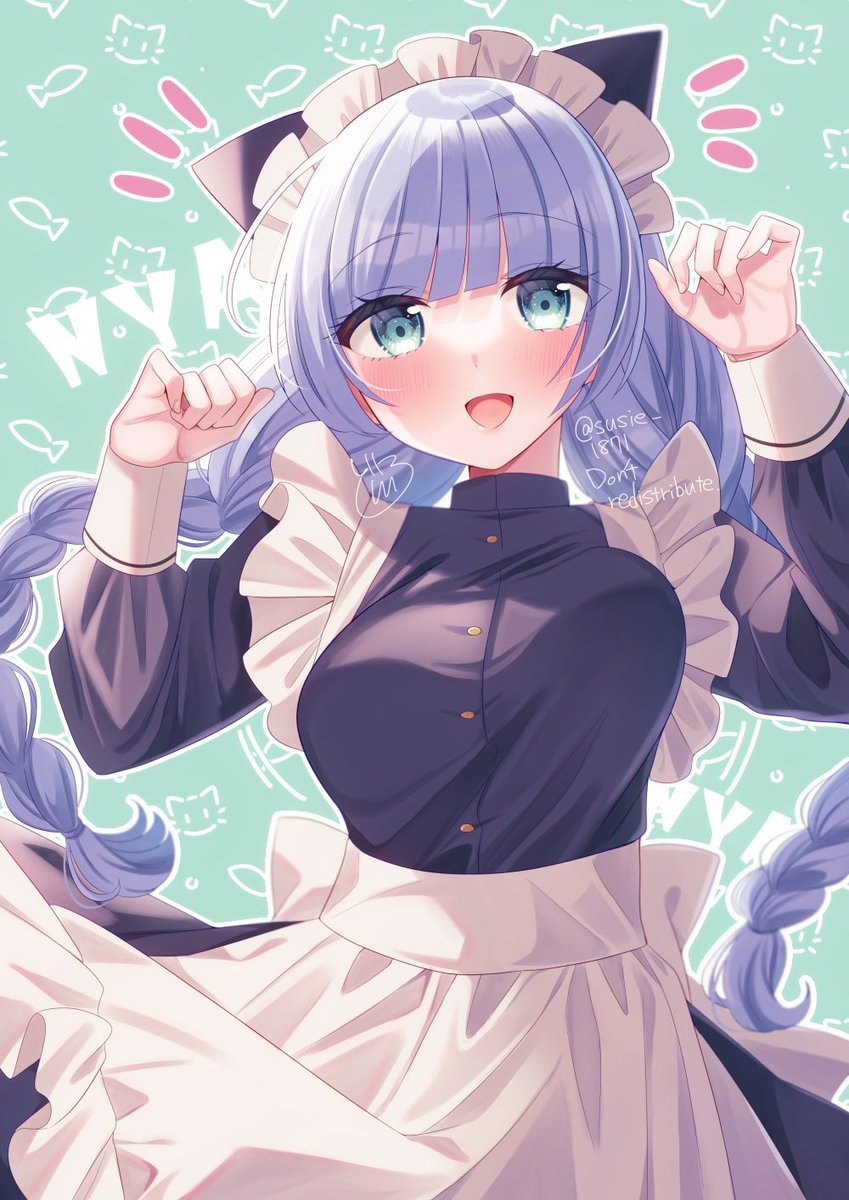 1girl animal ears apron blue eyes blush dress eating  illustration images