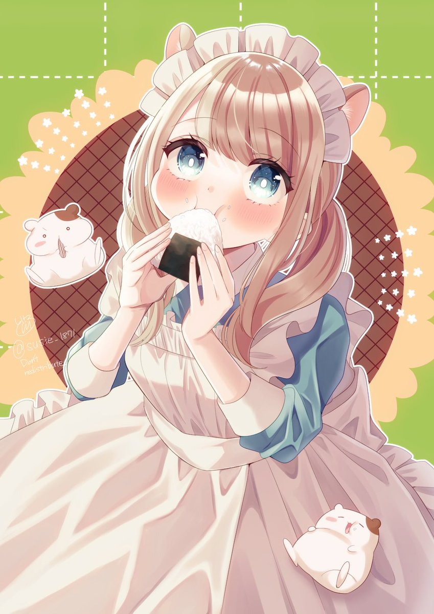 1girl animal ears apron blue eyes blush dress eating  illustration images