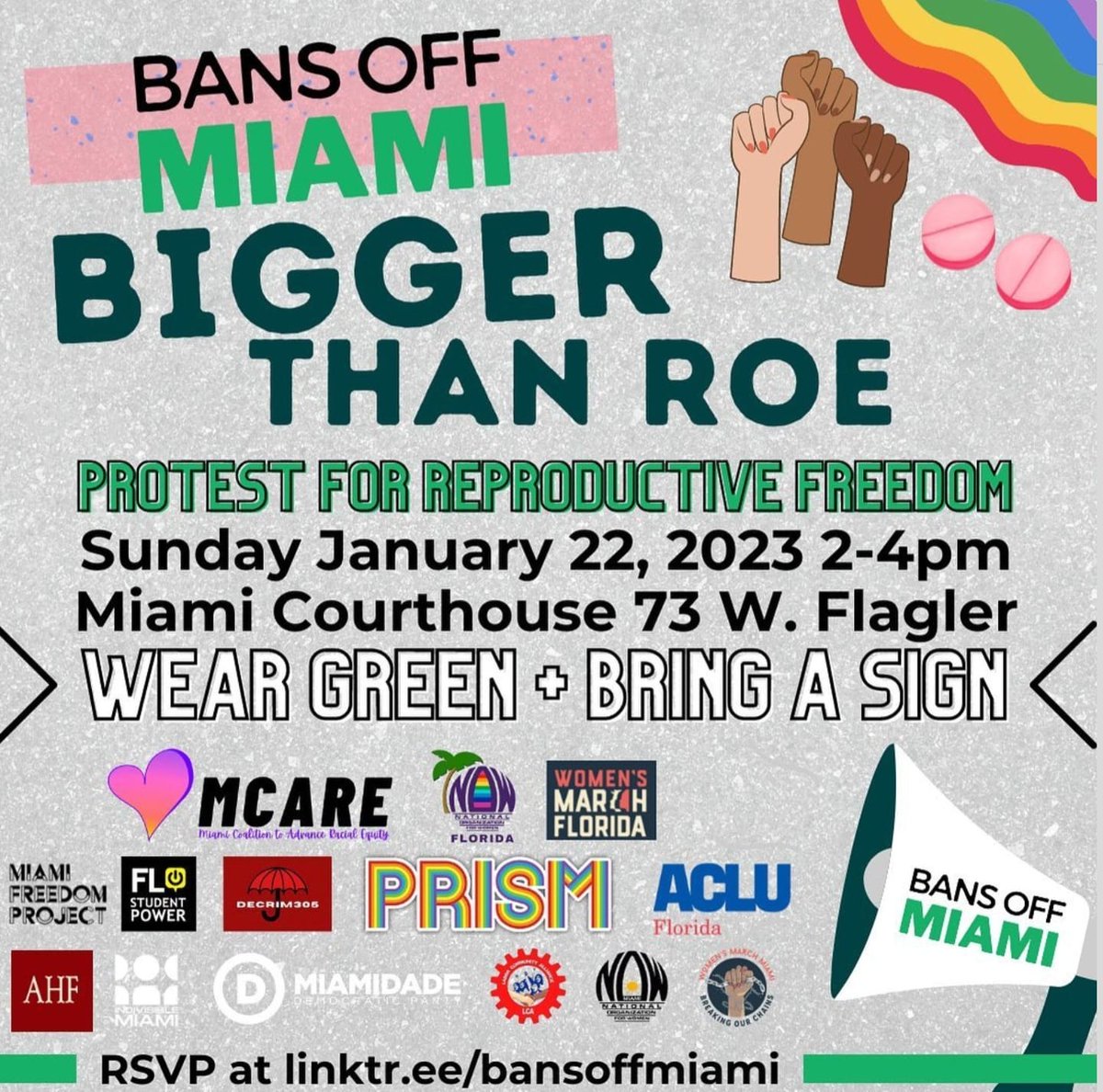 MiamiDadeDems's tweet photo. See you all at the protest today! Tag your posts #roevdade! #biggerthanroe #bansoffmiami #womensrights #roevwade #miamidadedems #DefendRoe #50yearsofroe #womensmarchmiami https://t.co/cVhqgLuIIk