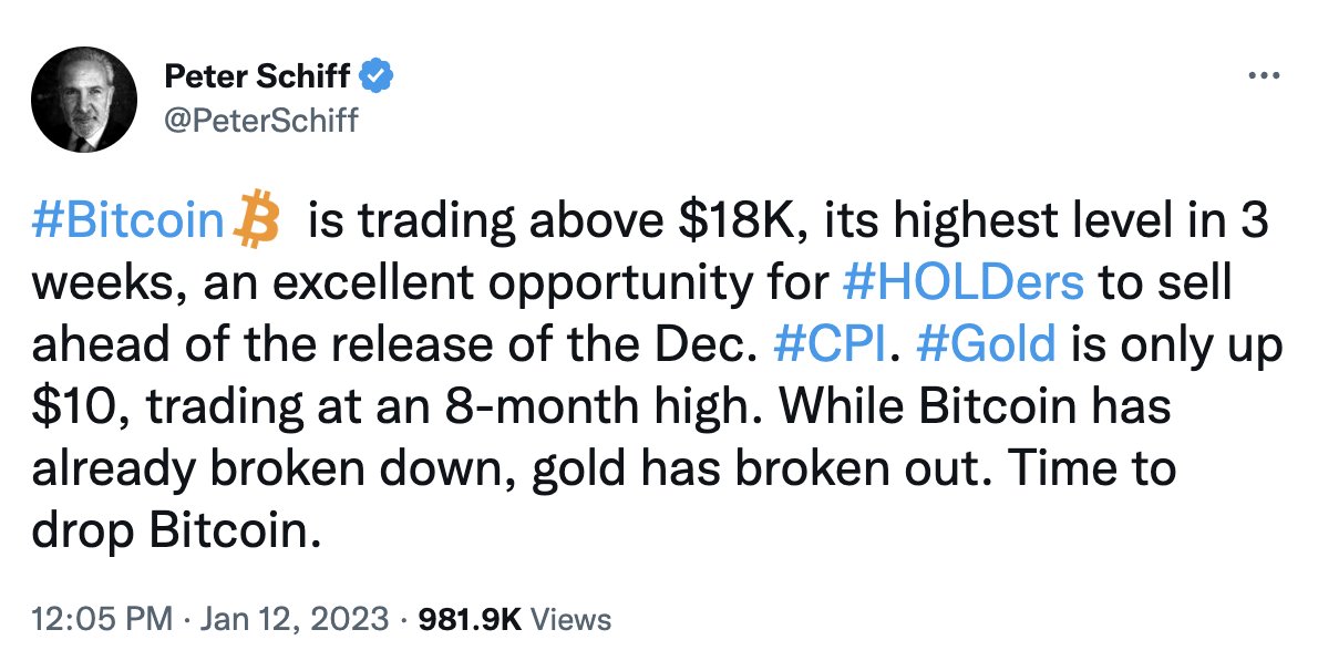 PeterMcCormack's tweet photo. #bitcoin is trading around 27% up since @PeterSchiff advised you to sell your $bitcoin.
Gold isn't. https://t.co/cookRRax45