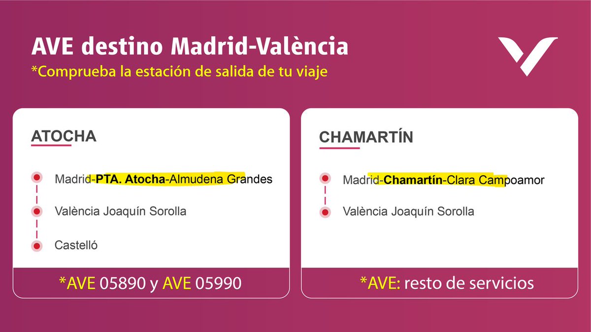 🖐️ ¡Recuerda! 📣 Desde el 2️⃣3️⃣ de enero, los AVE y Avlo Madrid-València salen de Madrid Chamartín, excepto los AVE Madrid-València-Castellón ✅5️⃣8️⃣9️⃣0️⃣ sale a las 9:40 de Puerta de Atocha. ✅5️⃣9️⃣9️⃣0️⃣ sale a las 19:45 de Puerta de Atocha. ¡No te confundas de estación! 🤦