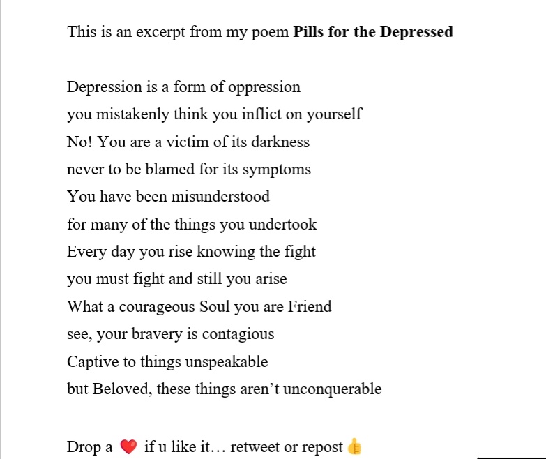Someone might just need this...
#depression #depressed
@Princessjen70 
@LuckettMiss
@writingcommuni2
@daudikitone
@RowellPublish
@candidcamille
@CarolineKautsi1
@reyzini
@read_break
@allthoseblogs
@blogsretweet
@BBlogRT
@TheGirlGangHQ
@FabBloggersRT
@FemBloggers
@LovingBlogs