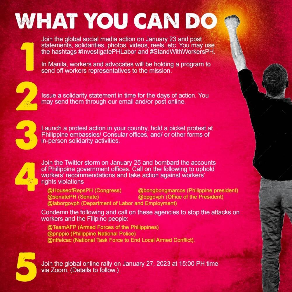 kilusangmayouno's tweet photo. JOIN THE GLOBAL DAYS OF ACTION TO STAND WITH FILIPINO WORKERS
From Jan 23-27, the ILO High Level Tripartite Mission will be conducted in the PH to investigate violations of Filipino workers’ freedom of association and right to organize.
#InvestigatePHLabor
#StandWithWorkersPH https://t.co/sAH2Kb7FFr