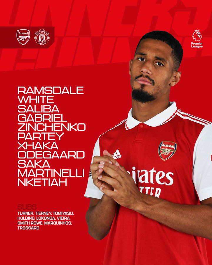 Team news today:

Ramsdale
White
Saliba
Gabriel
Zinchenko
Partey
Xhaka
Odegaard
Saka
Martinelli
Nketiah

Subs: 
Turner, Tierney, Tomiyasu, Holding, Lokonga, Vieira, Smith Rowe, Marquinhos, Trossard