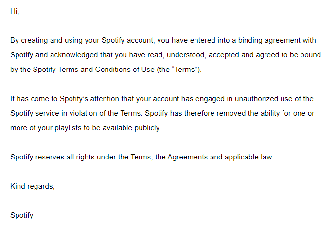 uh_so_com's tweet photo. Hi @SpotifyCares, today I was emailed this attached email.

I'm curating around 190 playlists and this is the third hip-hop playlist that for unknown reasons is being made unavailable.

Is there anyway I can find out why this keeps happening? https://t.co/HS3EyPlCho