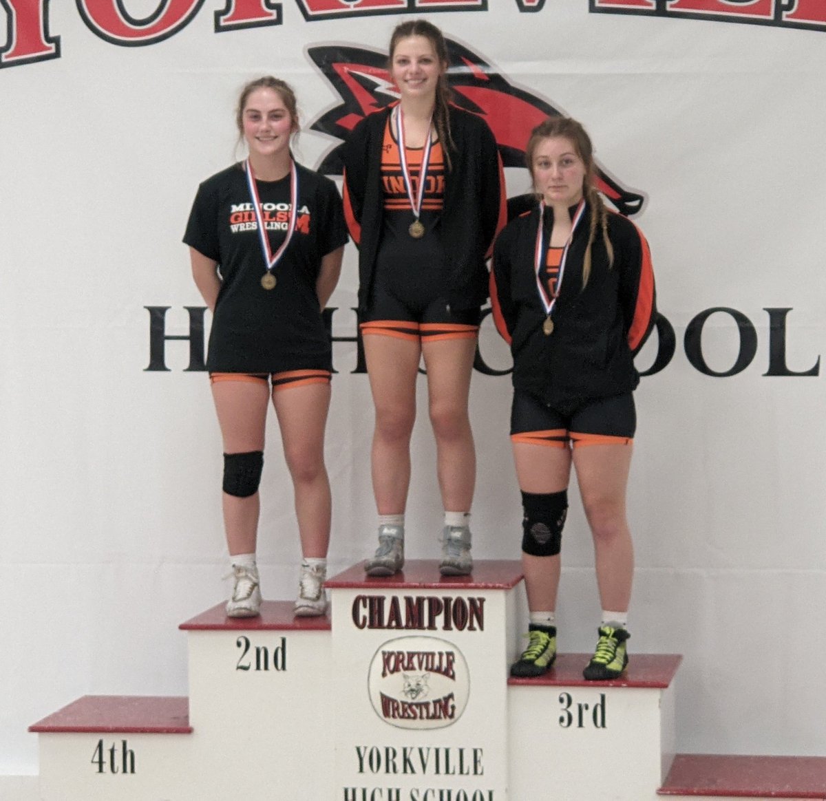 Minooka_GirlsWr's tweet photo. One of the cooler moments of yesterday's SPC Conference Meet. 

Minooka Wrestlers Eva Beck, Lexi Lakota, and Makenna Carlin, and  finish 1,2,3 in the 135 weight lb Class. 

#getsome #girlsturn https://t.co/rp7rPaZ7mV