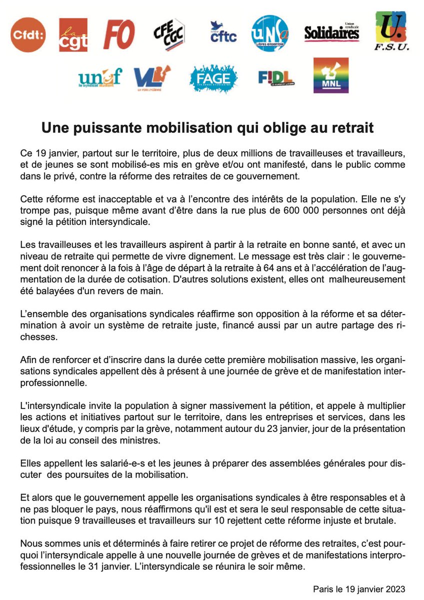 Plus de deux millions de manifestant·es le 19, on poursuit sur cette lancée !
Rendez-vous dans la rue le 31, et d'ici là on amplifie la lutte ! ✌️
#ReformesDesRetraites #greve19janvier