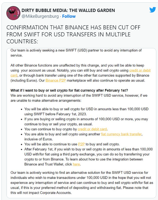 PtpWallet's tweet photo. #Binance's banking partner — #signature Bank — will stop processing #SWIFT payments of exchange users in fiat dollars in the amount of less than $100,000. The organization wants to reduce the impact of the digital asset market on its business.
#ptpwallet #Bitcoin https://t.co/4FADsgUtUy