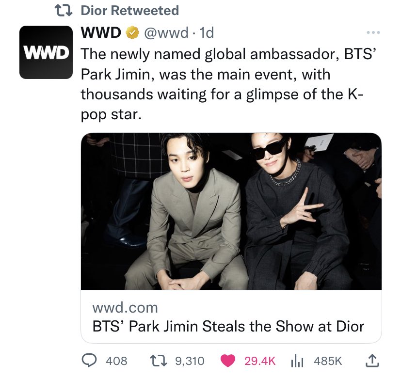 Jimin Global on X: Dior retweeted this article by WWD