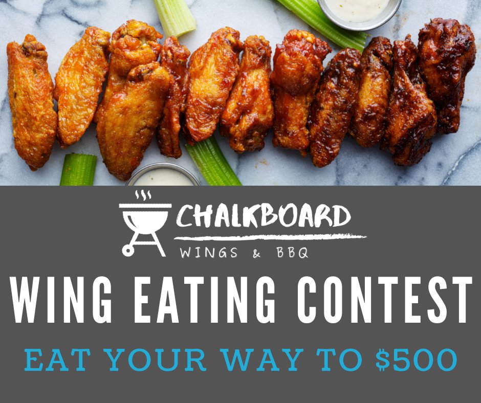 Don't forget to sign up for the wing-eating contest with Chalkboard Wings &amp; BBQ! Today is the last day of qualifying. Fill out the form below and get your wing-eating pants on! 

ow.ly/brWL50Mx8Oh

#wings  #bbq  #lunch #dinner #anytime #alexandria #supportlocal #contest