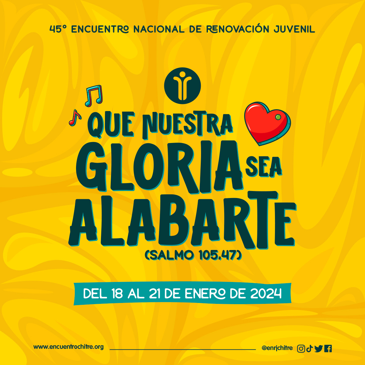 📣🗓️ Nos llena de mucha alegría contarles que...
del 18 al 21 de enero de 2024, nos vemos en la versión No.45 del #EncuentroChitré, bajo el lema: Que nuestra gloria sea alabarte. (Salmo 105,47)

¡Arriba la juventud de Panamá! 🥳🚩