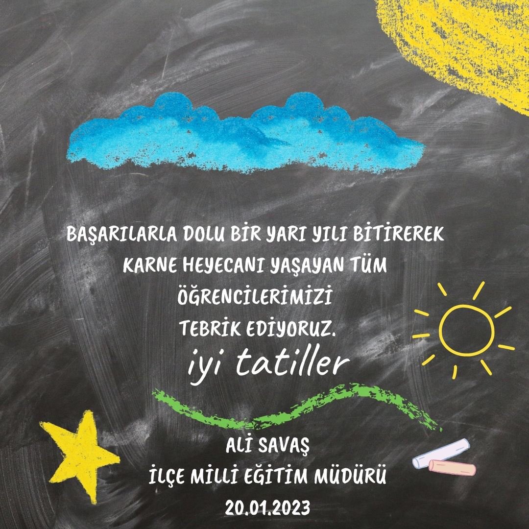 2022-23 Eğitim Öğretim Yılı Birinci Dönem Sonu karneleri verdik.  Öğrencilerimize iyi tatiller diledik. İlçe Milli Eğitim Müdürü Sayın Ali Savaş’ın öğrencilere, öğretmenlere ve velilere Yarıyıl Tatili Mesajı👉 meb.ai/6TFoqO