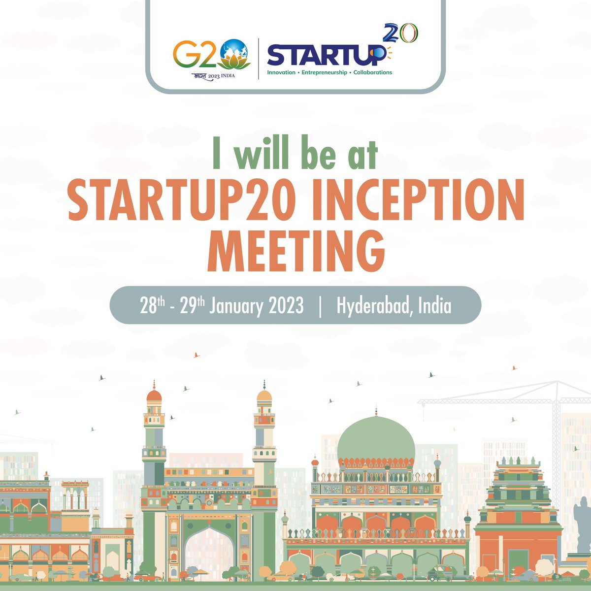 I will be at the <a href="/Startup20org/">Startup20</a> inception meeting in Hyderabad on 28 January #Startup20india is a newly initiated engagement group under India's #G20 presidency, which aspires to foster a flourishing global startup ecosystem.