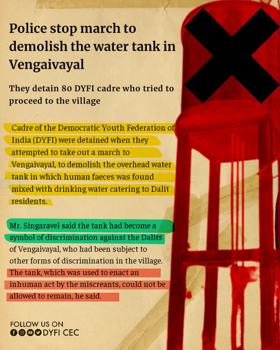 dyficec's tweet photo. 80 DYFI activists were detained during a protest rally at Tamil Nadu. The detained activists were determined to destroy a water tank at Vengaivayal which has turned out to be a symbol of casteism. (1/2)
#CasteismDownDown
#DYFI https://t.co/rtwgUnKKb5