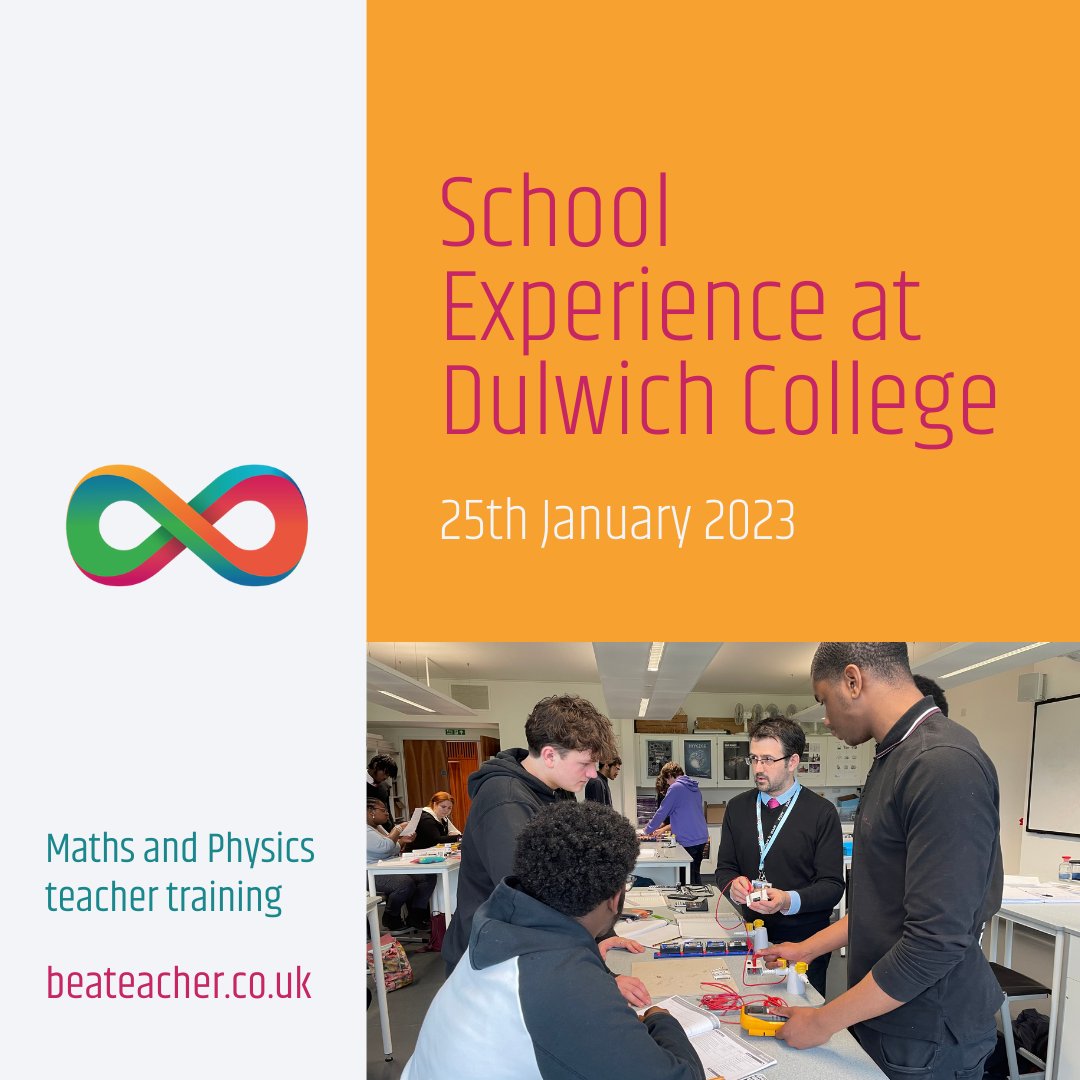 BeATeacherUK's tweet photo. Have you considered becoming a #Maths or Physics teacher? Join our School Experience Afternoon at Dulwich College on 25th January and learn more!
Hurry, find out more and book your place here https://t.co/g0B9EY5ZQQ
*
#BeATeacherUK #engineersteachphysics #mathsteacher #Physics https://t.co/Kwt7BL3dCq