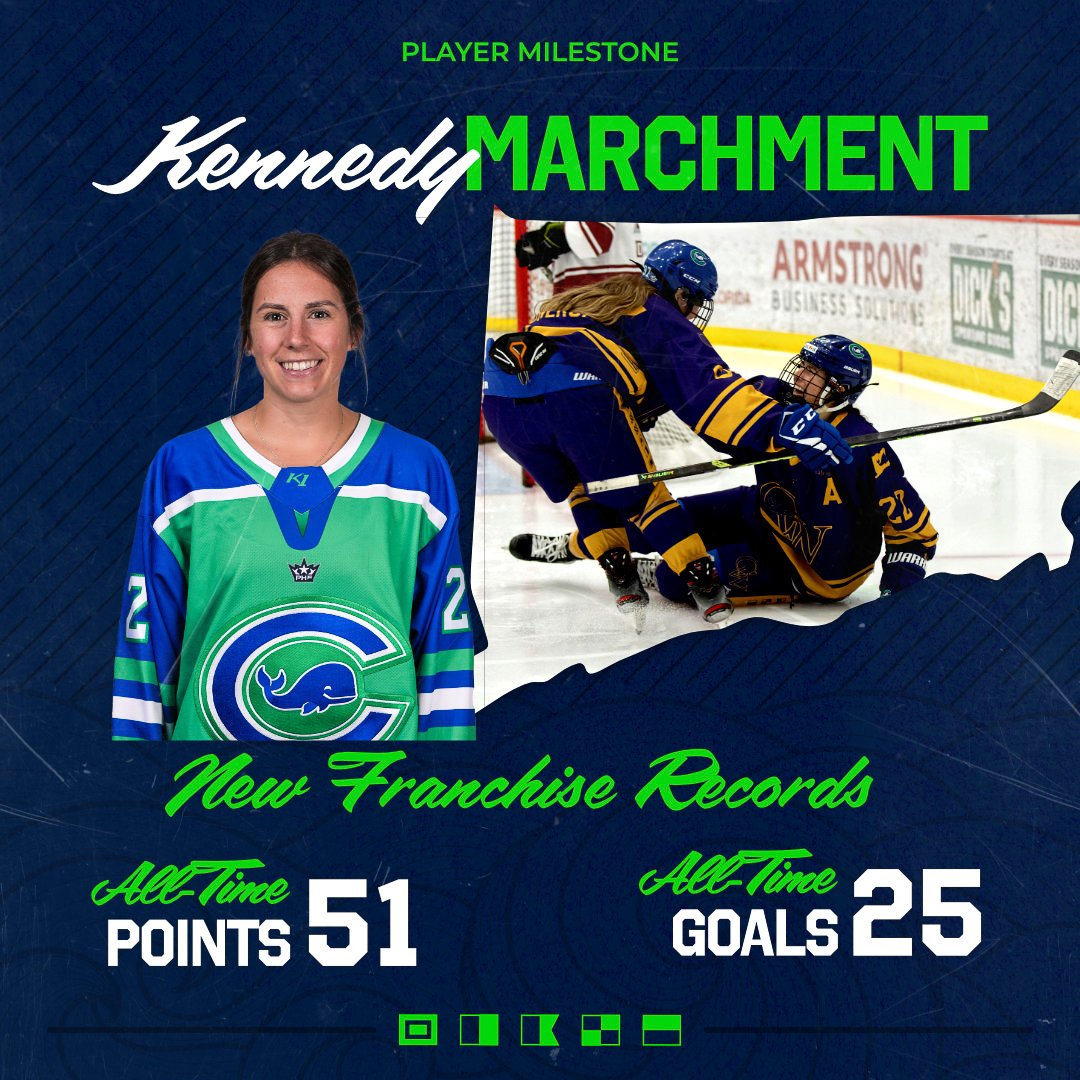 CTWhaleHockey's tweet photo. Kennedy Marchment shattered the franchise records for all-time points and goals with her hat trick on Wednesday. 

Let's go, MVP! 🎉🎉🎉 https://t.co/aRpV7FU8A0