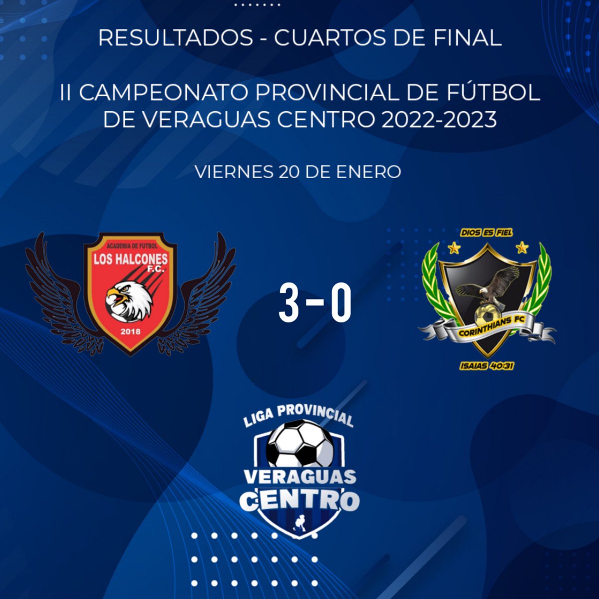 Resultados del viernes en los Cuartos de final del 2do Campeonato Provincial de Fútbol de Veraguas Centro 2022-2023 🏆⚽

Avanza Los Halcones a semifinales

#SomosVeraguasCentro ⚽