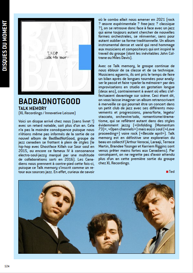 WFenec's tweet image. #WFENECMAG / N°54 : #CHRONIQUE p.124 de “Talk memory“ de @badbadnotgood (@XLRECORDINGS / @ILRecords) -&amp;gt; w-fenec.org #badbadnotgood #jazz #instrumental #freejazz #XLrecordings #innovativeleisure