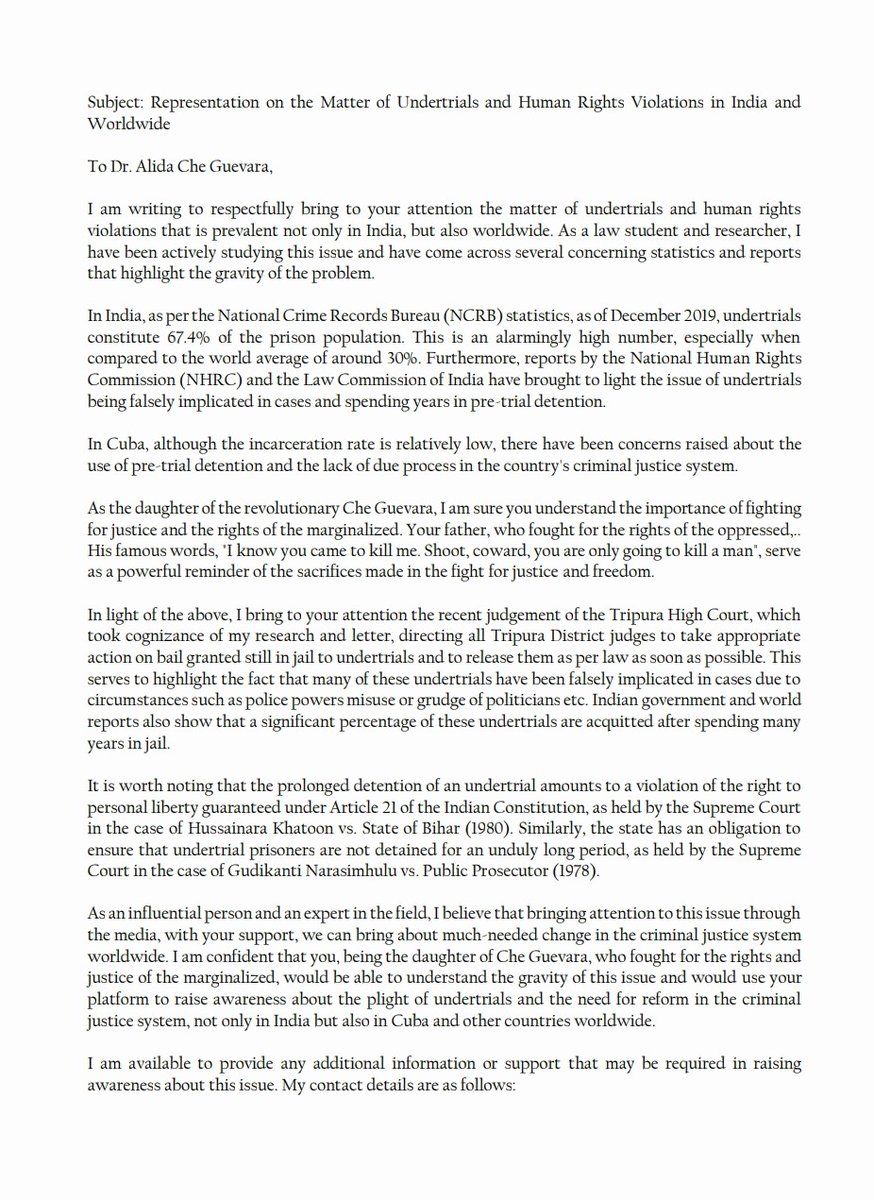 Manideepn611's tweet photo. "Just brought attention to the issue of undertrials &amp; human rights violations in a letter to Dr. Alida Che Guevara. Let's work together to bring about much-needed change in the criminal justice system worldwide #JusticeForUndertrials #HumanRightsReform https://t.co/XA5Ohe0acj