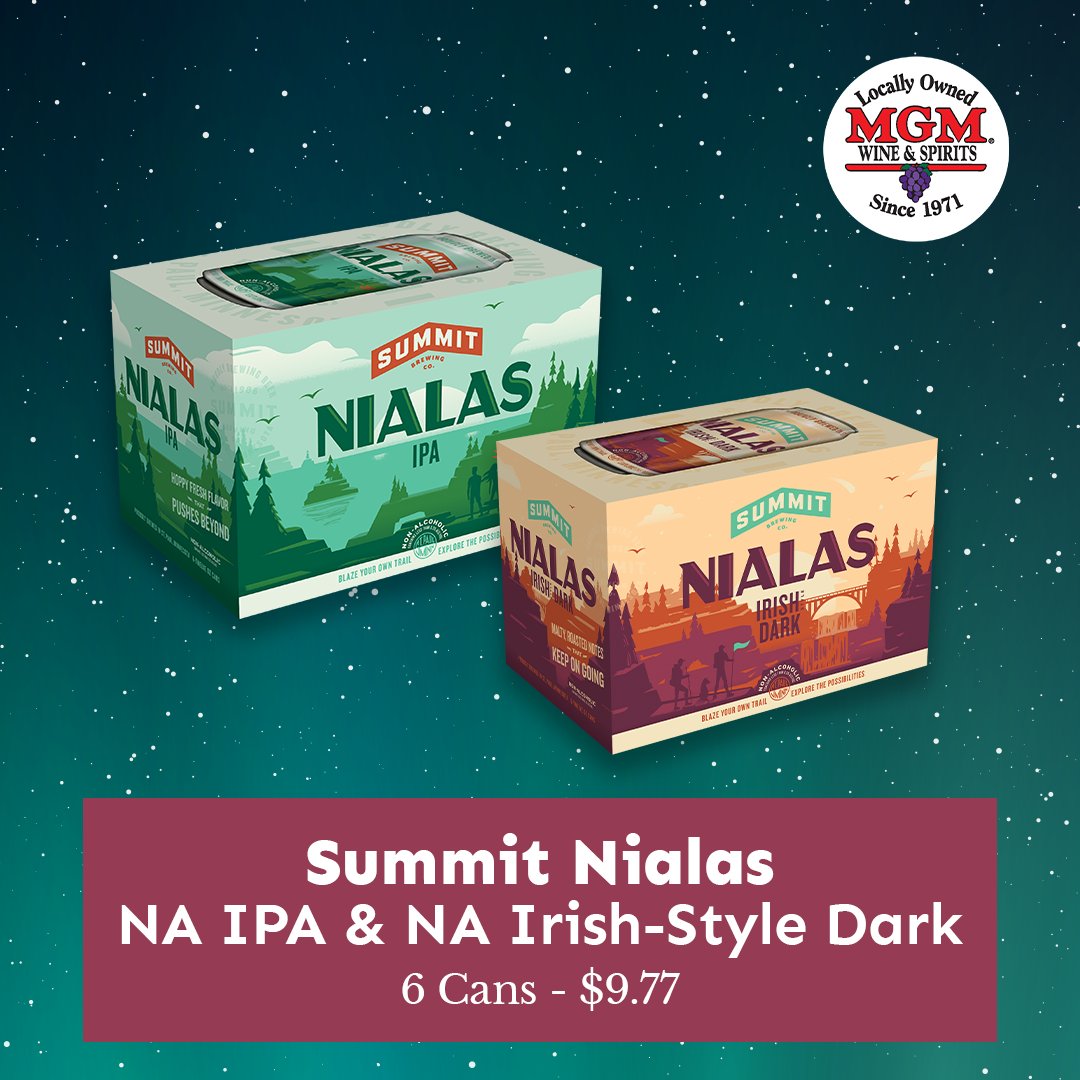 Start or end your adventures with Summit Brewing Company Summit Nialas Non-Alcoholic Irish-Style Dark or IPA with no regrets!