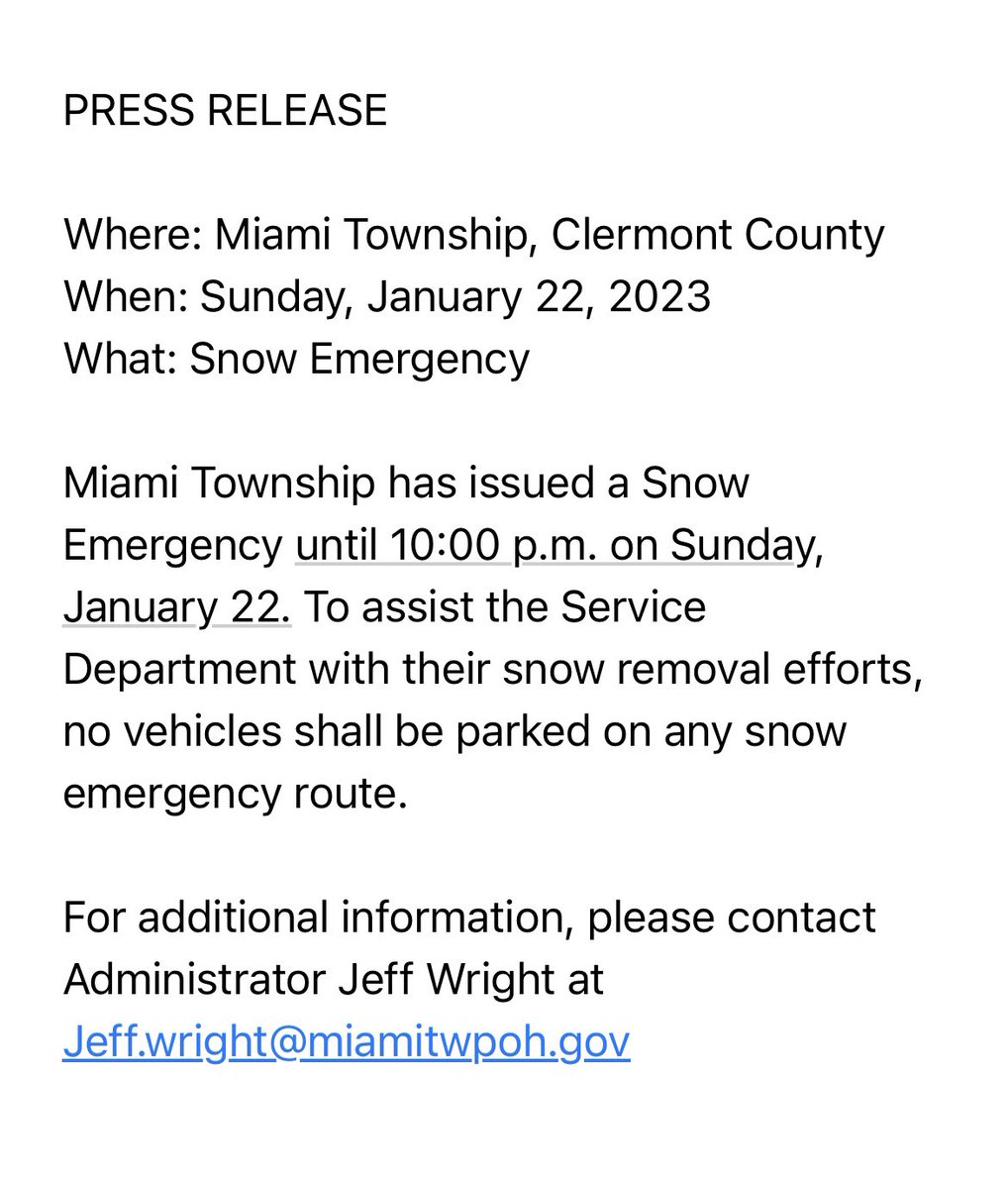 Snow Emergency for <a href="/MiamiTwpOH/">Miami Township OH</a> (sorry, Cam). Please remove parked cars from designated snow emergency routes until 10:00 pm to make snow removal efforts for our <a href="/MiamiTwpSERVICE/">MiamiTwp SERVICE</a> more efficient. Thank you. <a href="/WLWT/">WLWT</a> <a href="/WCPO/">WCPO 9</a> <a href="/700wlw/">700WLW</a> <a href="/Enquirer/">Enquirer</a> <a href="/BizMilford/">MilfordBizOps</a>