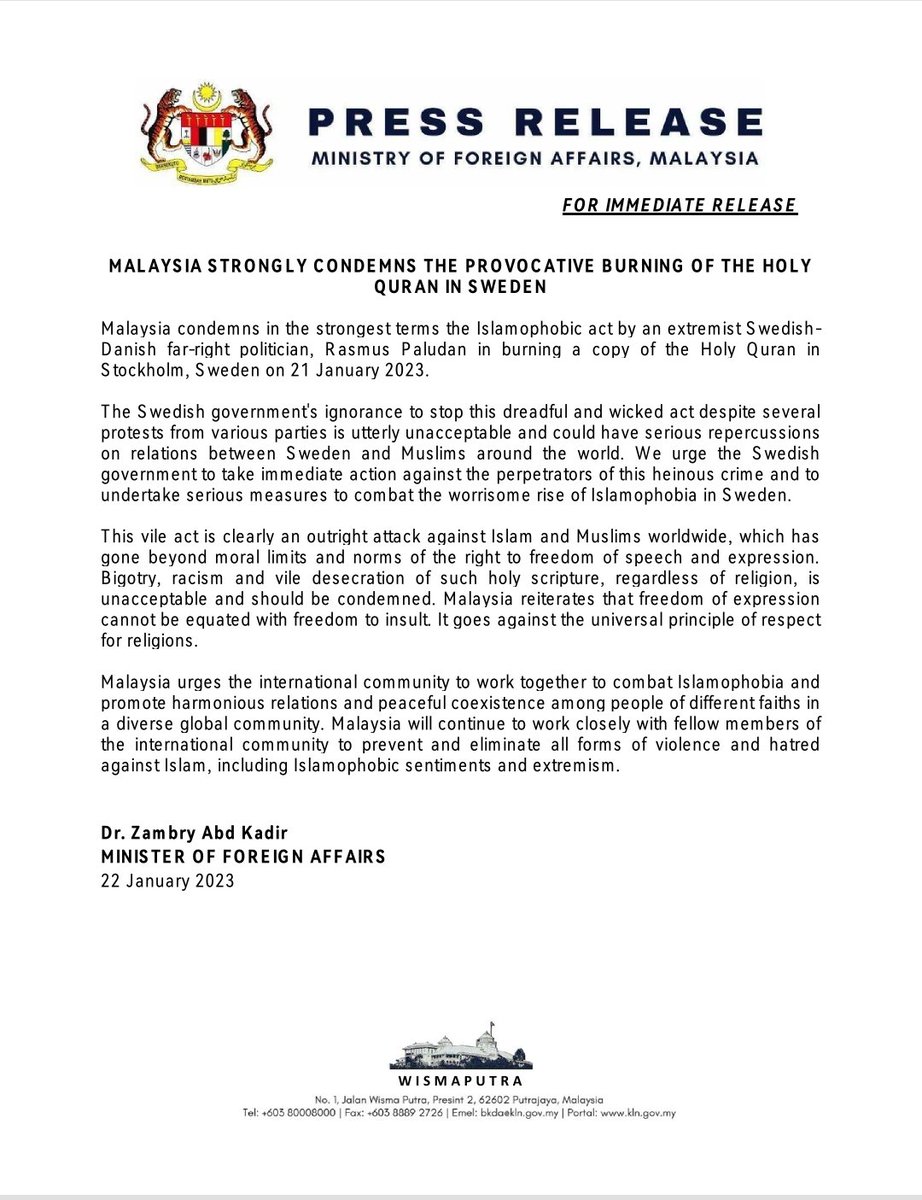 Press Release: Malaysia strongly condemns the provocative burning of the Holy Quran in Sweden