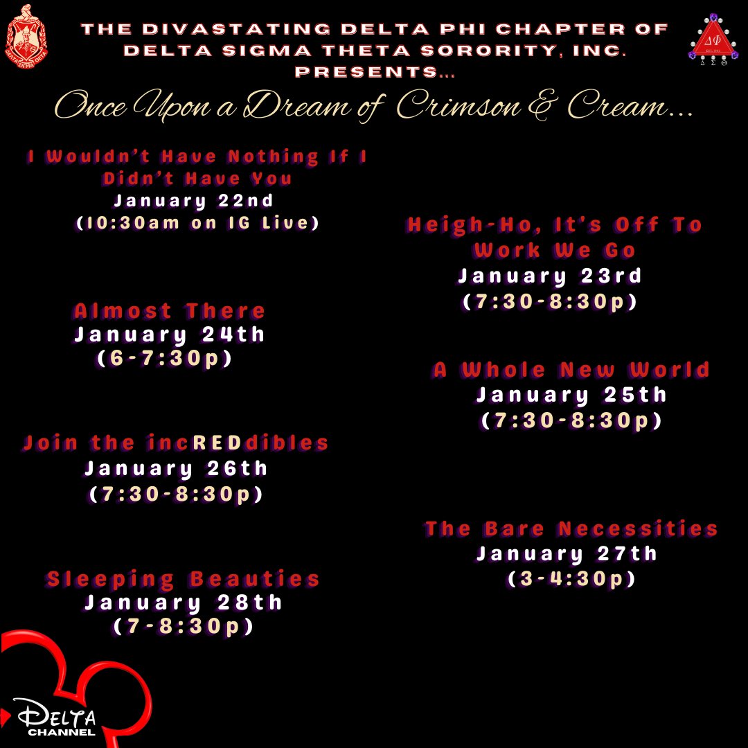 Now premiering on Delta Channel…
The DIVAstating Delta Phi Chapter Presents to you our very special Week of Events: Once Upon a Dream of Crimson &amp; Cream ♥️✨
•
Tune back in TODAY at 10:30am for the premiere of our first Delta Channel Exclusive! #dst1913