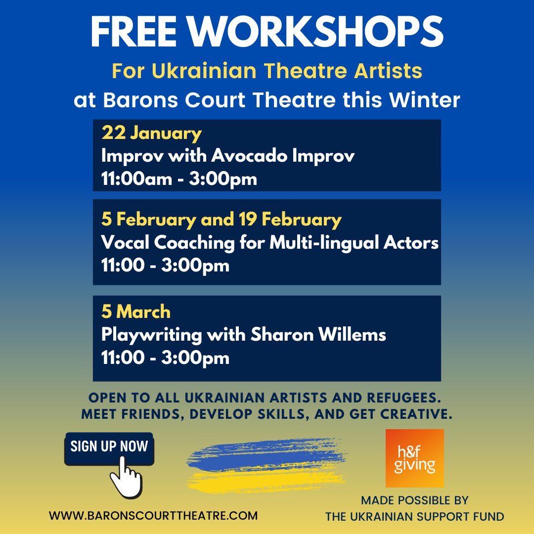 BaronsCourt_W14's tweet photo. We’ve had a wonderful improv workshop with @AvocadoImprov today as part of our series of free theatre workshops for Ukrainian artists. Thank you to all who came and to Jake and Hamza for leading a brilliant session. Thank you to @HFGiving for making it possible. 🙌🏼 https://t.co/s5G5tn48rE