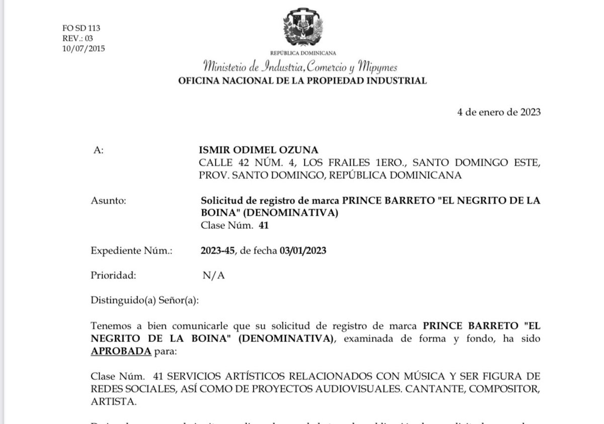 princebarretord's tweet photo. Me complace anunciar que oficialmente soy el propietario de la marca “Prince Barreto “El Negrito De La Boina”, registrada legalmente en la Oficina Nacional De La Propiedad Industrial. En otras palabras ¡SOY DUEÑO DE MI NOMBRE Y DE MI CARRERA COÑO! ¡GRACIA PAPA DIO!♥️ https://t.co/AVWVOxtNKc