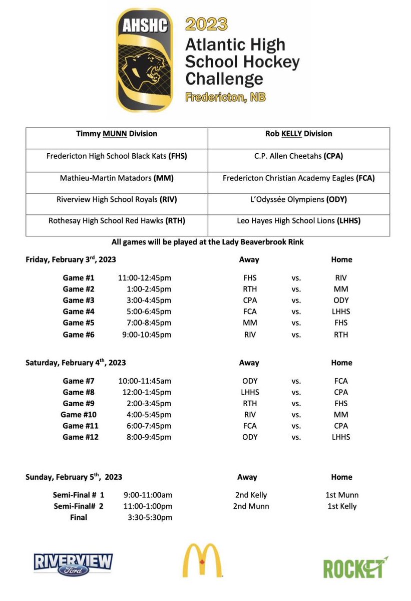 AtlHSHockey's tweet photo. Official 2023 AHSHC Schedule!! February 3-5, 2023 at the LBR. Looking forward to a great weekend of high school hockey. @NBIAA_ASINB https://t.co/F4NZSIWD1o