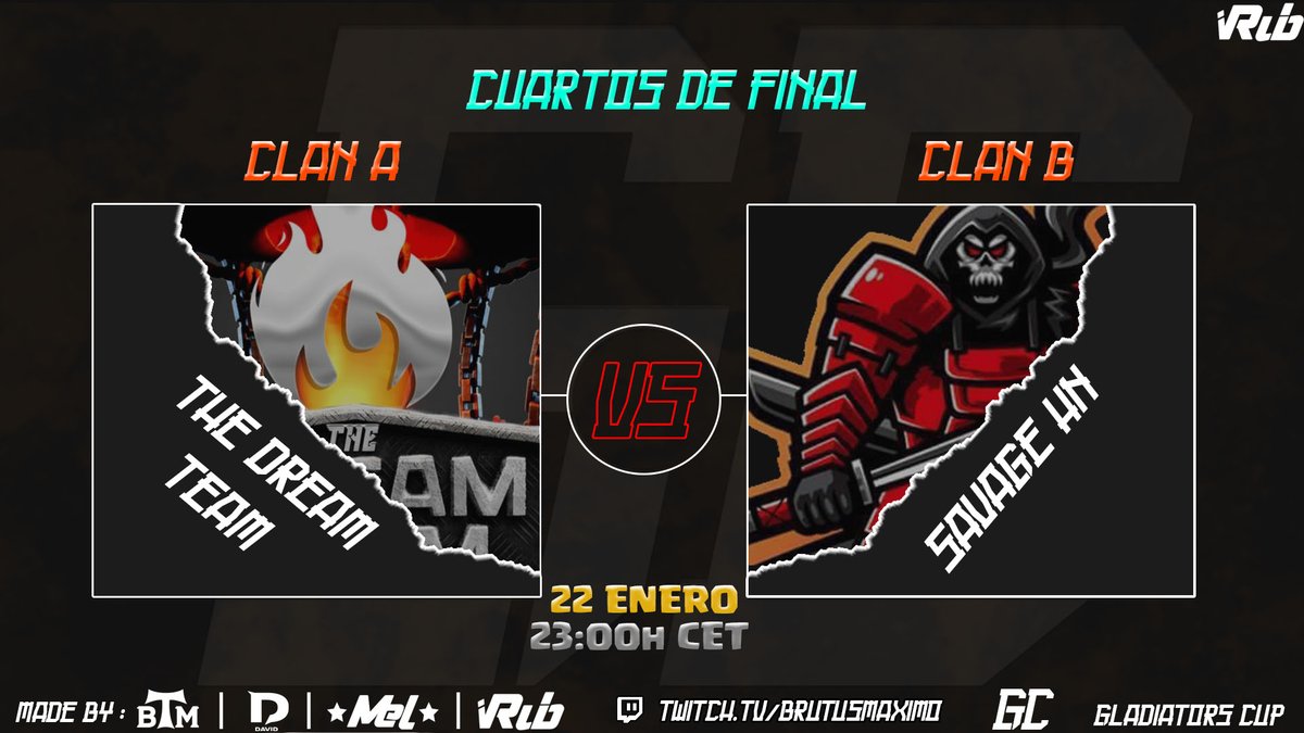Gladiators CUP (@cup_gladiators) on Twitter photo 🏆Damos inicio a la Fase de Cuartos con dos Guerrazas !
🇪🇦 21:00
<a href="/REVENGERS5254/">REVENGERS E-SPORTS</a> 🆚 <a href="/ClashGensan/">GENSAN CLASH</a>
🇪🇦 23:00
<a href="/AGUILATOP1/">𝐃𝐫𝐞𝐚𝐌 𝐓𝐞𝐚𝐌</a> 🆚 <a href="/Team_Savage03/">Savage Hn</a>
Sigue la transmisión aquí
📽️ twitch.tv/brutusmaximo?s… 🏆Damos inicio a la Fase de Cuartos con dos Guerrazas !
🇪🇦 21:00
<a href="/REVENGERS5254/">REVENGERS E-SPORTS</a> 🆚 <a href="/ClashGensan/">GENSAN CLASH</a>
🇪🇦 23:00
<a href="/AGUILATOP1/">𝐃𝐫𝐞𝐚𝐌 𝐓𝐞𝐚𝐌</a> 🆚 <a href="/Team_Savage03/">Savage Hn</a>
Sigue la transmisión aquí
📽️ twitch.tv/brutusmaximo?s…